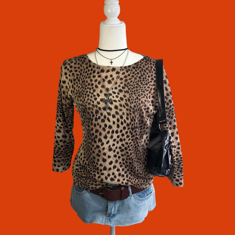 Vintage Y2K August Silk 100% Silk Leopard Print Sweater Top Womens L Mob Wife
